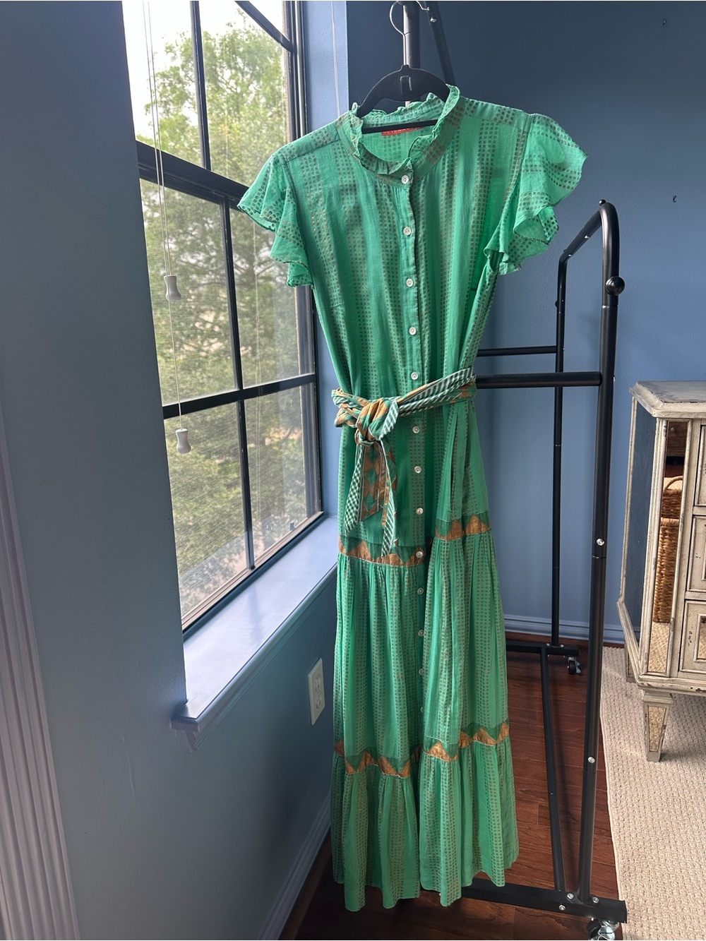 Oliphant Mint Green Eyelet-Style Button-Front Maxi Dress with Belt